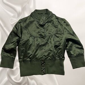 Vintage Women’s Green Satin Fitted Button Up High Neck Line Crop Sleeve Jacket